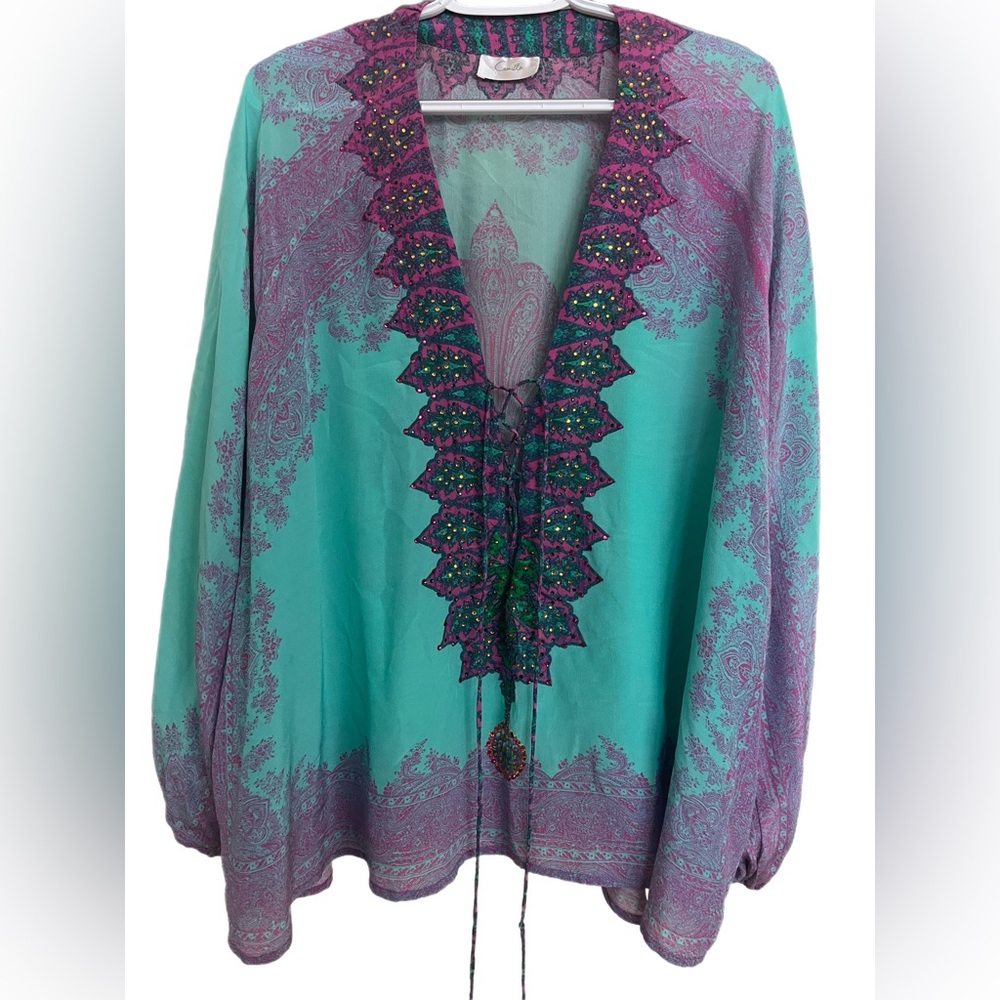 Camilla Top Silk Sparkle Beaded Scarf Tunic Lace Up Neckline 1 Size Moroccan